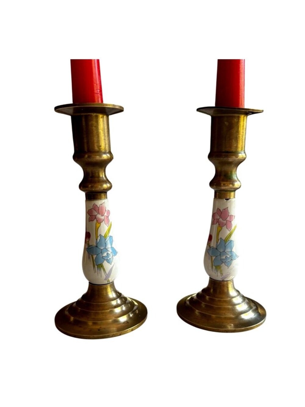 Pair of Vintage Classic Brass and Porcelain Candle Holders 5 3/4 in tall